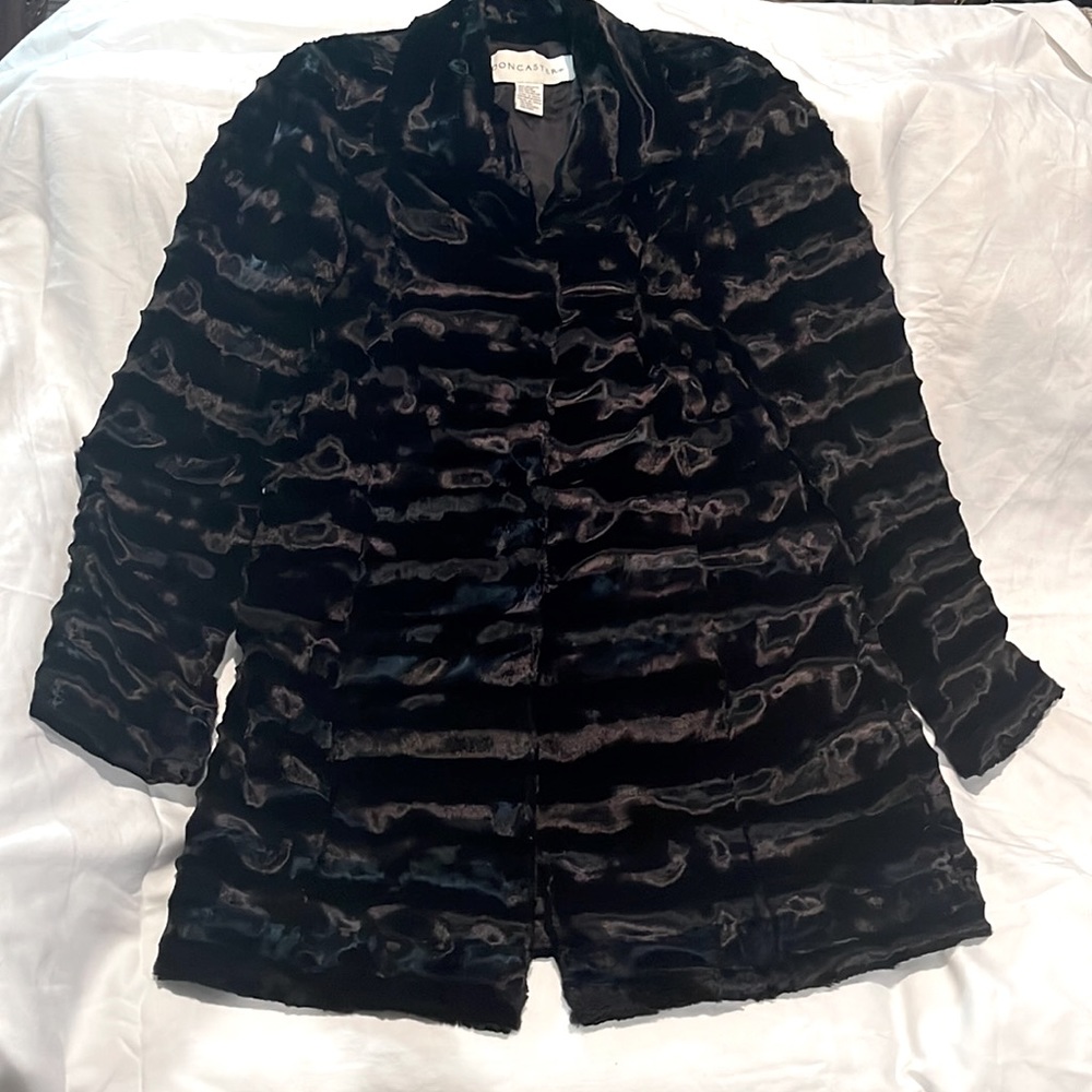 DONCASTER Black Faux Fur Knee-Length Coat. Size 12.